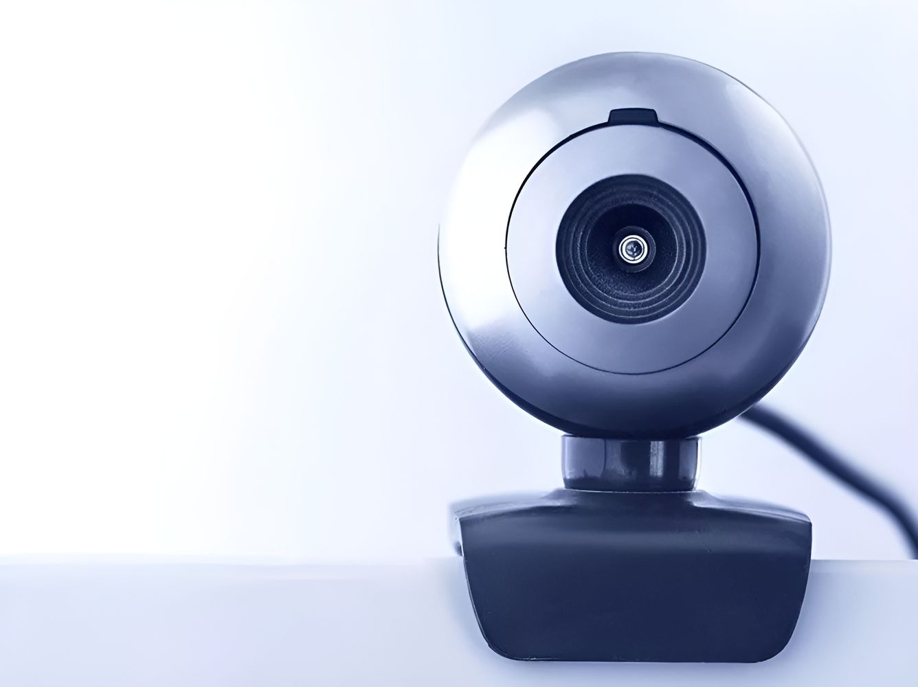 Eine Nahaufnahme einer silber-schwarzen Webcam vor weißem Hintergrund